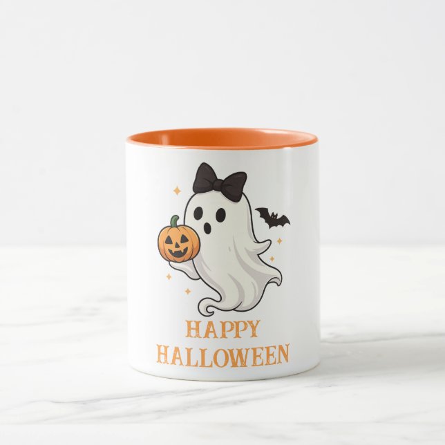 Mug Ghost mignon avec Bow et Citrouille | Halloween (Centre)