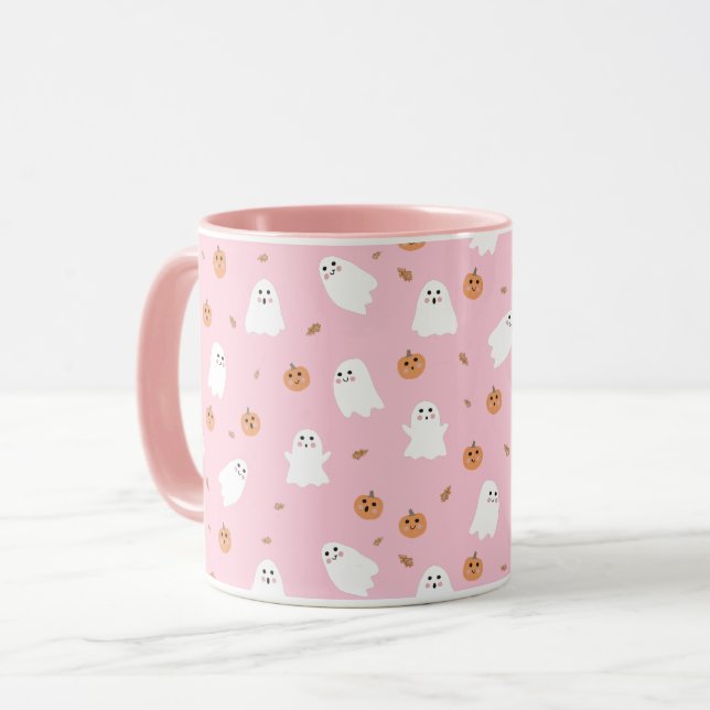 Mug Ghost mignon et Citrouille Motif d'Halloween rose (Devant gauche)