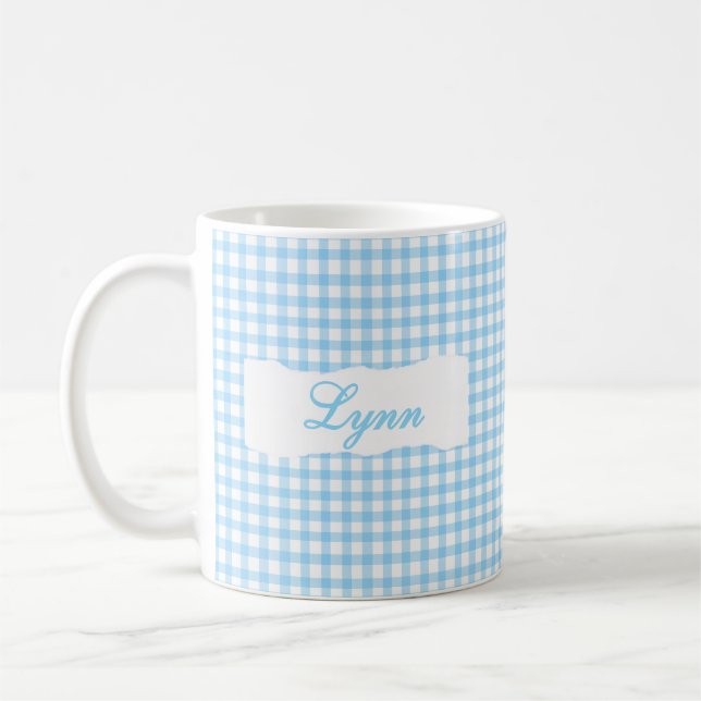 Mug Gingham Bleu Classique Nom Personnalisé  (Gauche)