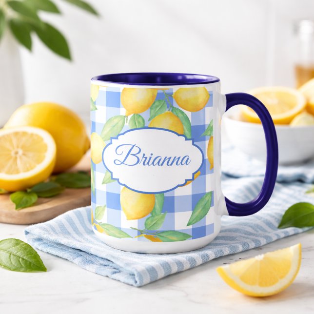 Mug gingham bleu et blanc avec impression de citro (Créateur téléchargé)