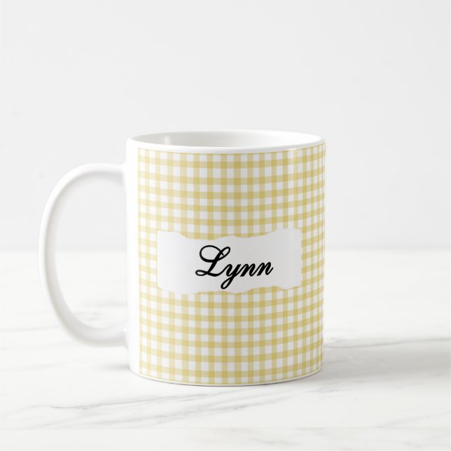 Mug Gingham Jaune Classique Nom Personnalisé  (Gauche)