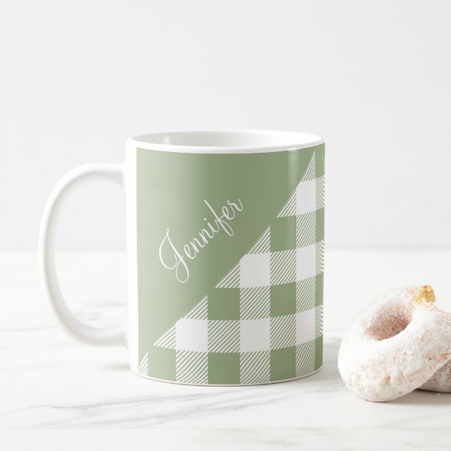 Mug Gingham vert sauge personnalisé (Avec donut)