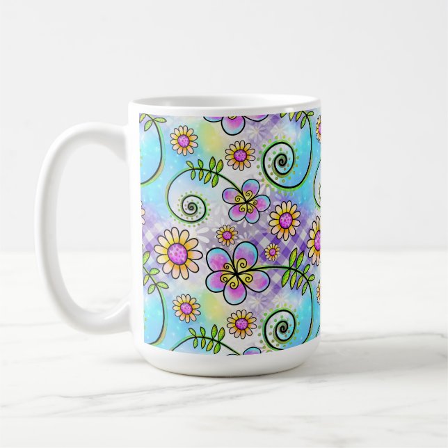 Mug Gingham violet avec fleurs et vignes dessinées à l (Gauche)