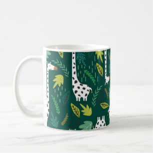 Mug Giraffes, leaves, hand drawn backdrop. Colorful se