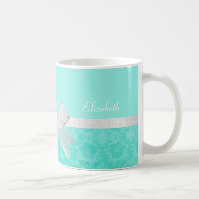 Mug Girl Aqua Turquoise Damask Ruban blanc avec nom (Droite)