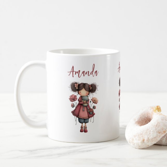 Mug Girl with A Frog Doll Cute Whimsical (Avec donut)