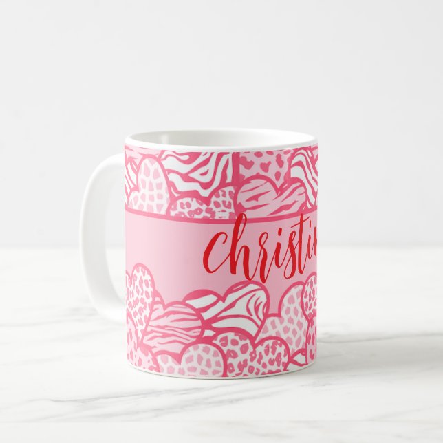 Mug Girly Blush Rose mignon Animal Imprimer Coeurs Nom (Devant gauche)