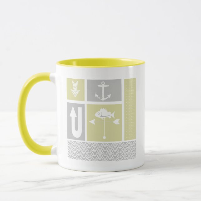Mug Girouette de poisson d'ancre jaune et gris maritim (Gauche)