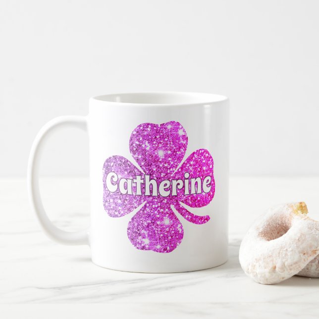Mug Glam Girly Rose Pailleté Chanceux Trèfle Nom  (Avec donut)