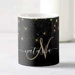 Mug Glam Parties scintillant or diamant étincelle Élég<br><div class="desc">Créez votre propre tasse à café brillant en diamant noir et or personnalisé avec votre monogramme et votre nom personnalisés.</div>