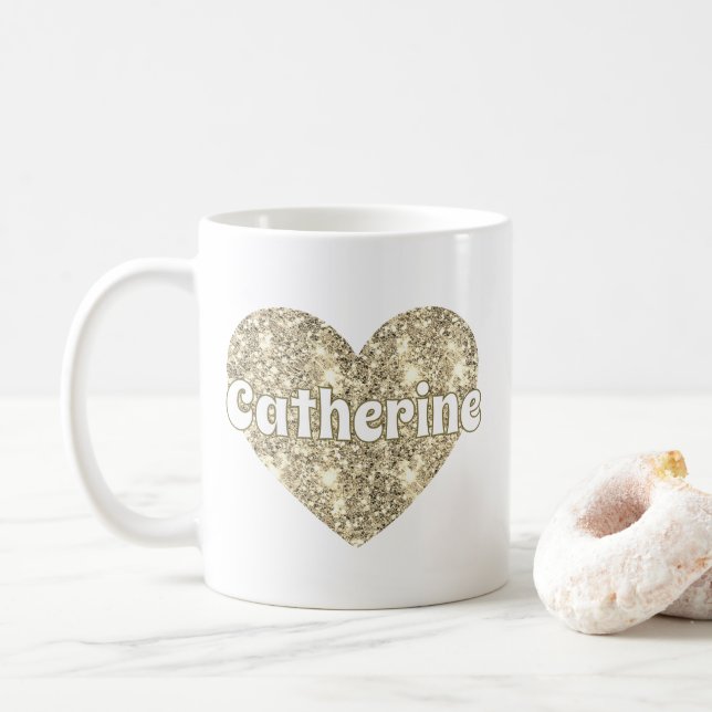 Mug Glamour Fille Dorée Paillettes Coeur Nom  (Avec donut)