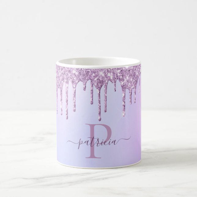 Mug Glamour Violet Gouttes de Paillettes Monogramme Él (Centre)
