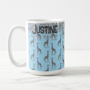 Mug Glitterie Girafe en argent sur bleu Personnalisé