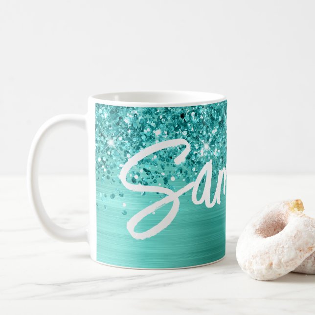 Mug Glittery Turquoise Turquoise Brush Nom du script (Avec donut)