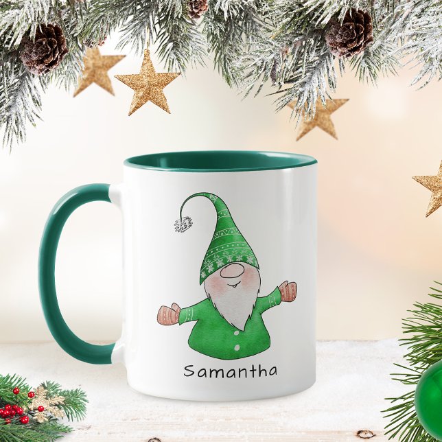 Mug Gnome mignonne Nom personnalisé Vert Noël (Créateur téléchargé)