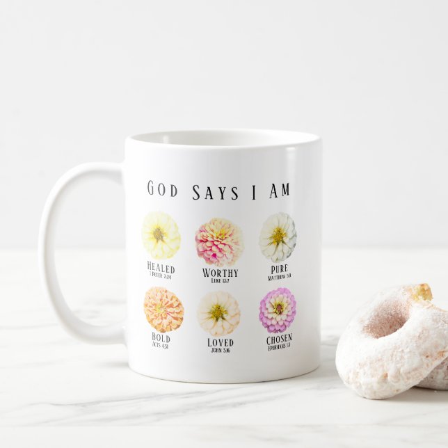 Mug God Says I Am Affirmation Scripture Pastel Floral (Avec donut)