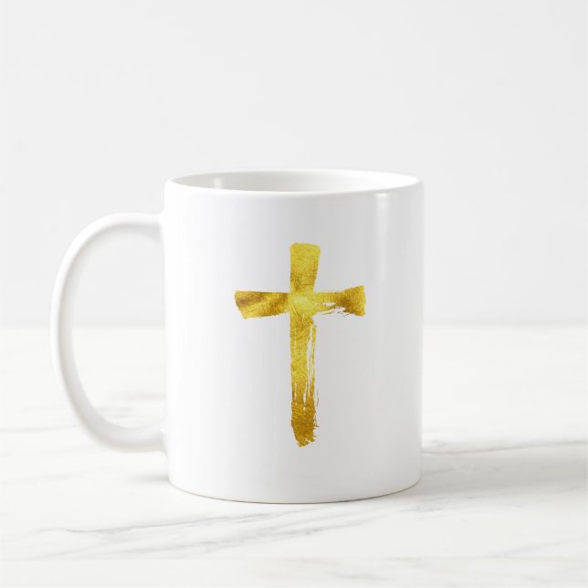Mug Gold Brush Cross - Christian Religion Crucifix (Gauche)