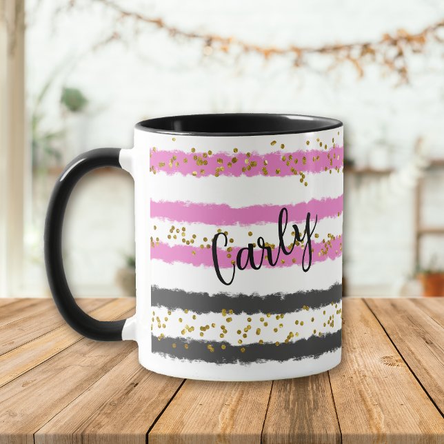 Mug Gold Confetti Rose Black Stripes Nom (Créateur téléchargé)