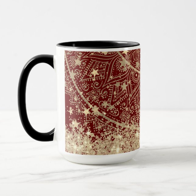 Mug Gold Lotus Mandala avec Gold Stars sur Red (Gauche)