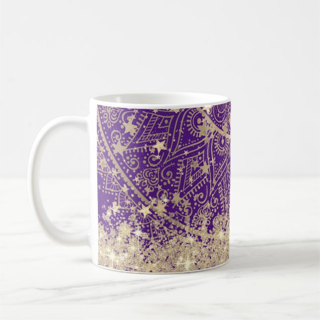 Mug Gold Lotus Mandala avec Gold Stars sur violet (Gauche)