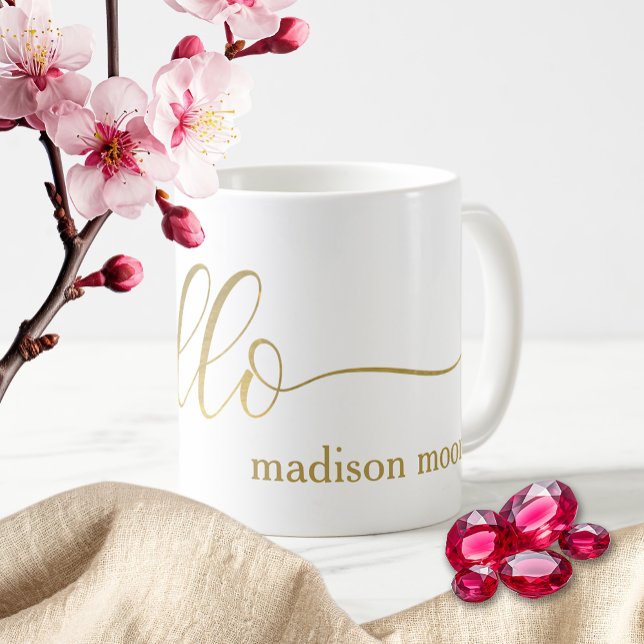Mug Gold moderne "Hello" Nom Coupe personnalisée/ (Créateur téléchargé)