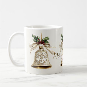 Mug Golden Christmas Bell Shiny Stars Green Feuilles