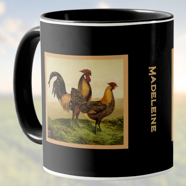 Mug Golden Penciled Hamburg Roosters Black Monogram (Créateur téléchargé)