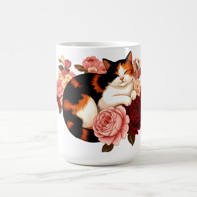 Mug Golden Whiskers: Calico Cat in Rose Reverie (Centre)