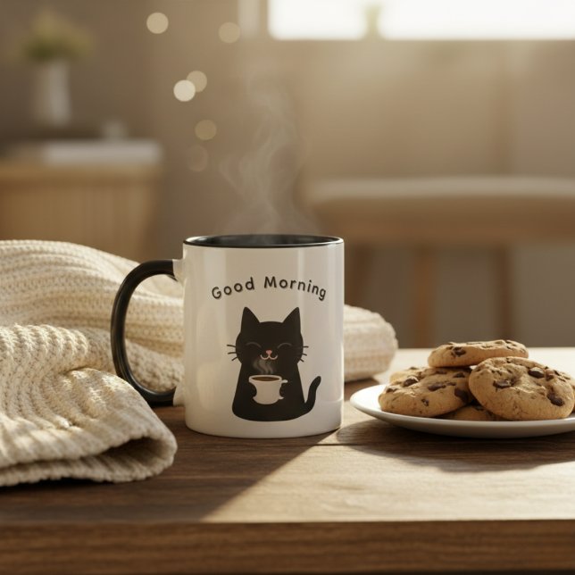 Mug Good Morning with Cute Black Cat Coffee (Créateur téléchargé)