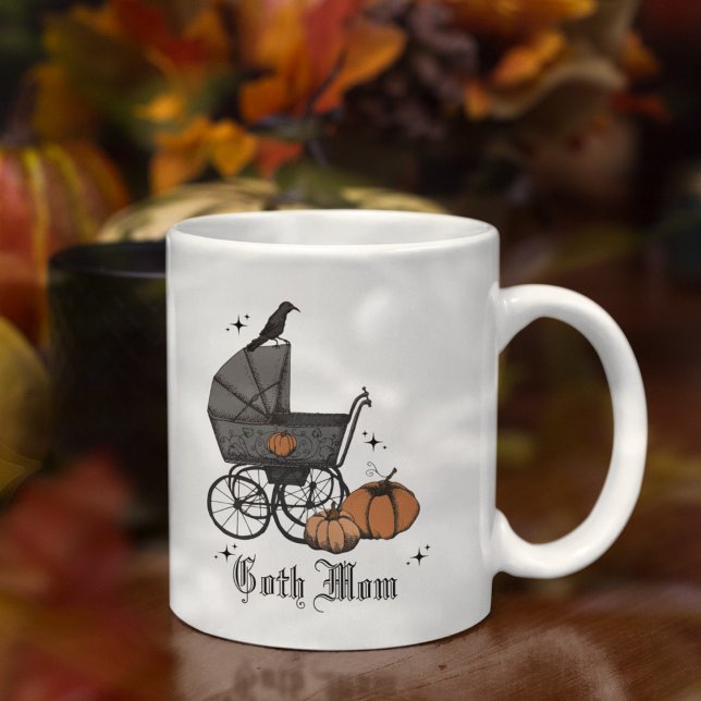 Mug Goth Maman Halloween Baby Carriage Corbeau (Goth MomFall Baby Shower Mug. Elegant Vintage Stroller, Burnt Orange Autumn Pumpkins & Black Crow.)