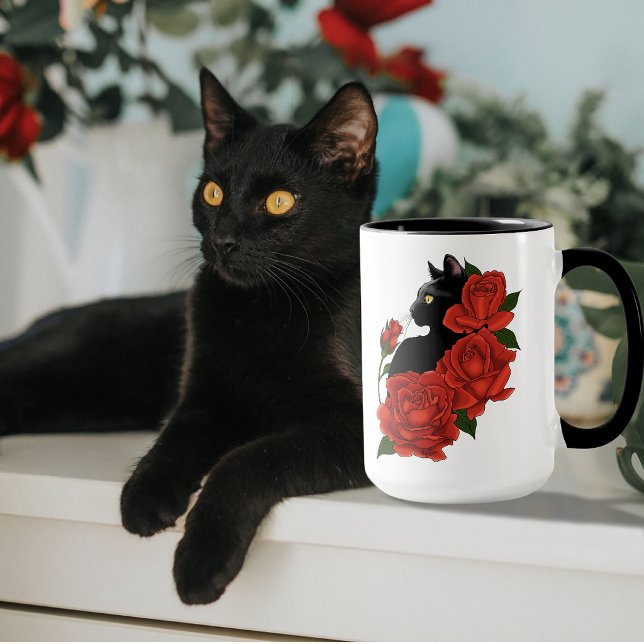 Mug Gothique Chat Noir Roses Rouges Violet (Créateur téléchargé)