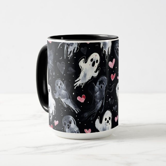 Mug Gothique Éffrayant Valentin Fantômes avec Coeurs (Devant gauche)