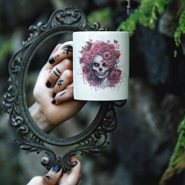 Mug Gothique Floral Halloween crâne rose sorcière fill (Halloween Pink Skull Girl Mug)