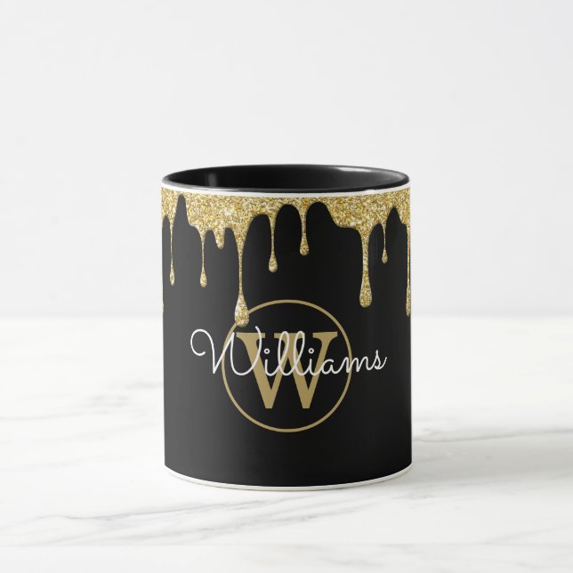 Mug Gouttes de paillettes dorées Monogramme Script Noi (Centre)
