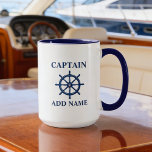 Mug Gouvernail de Bateau & Nom du Capitaine ou du Bate<br><div class="desc">Gouvernail de Bateau Marin en Bleu Marine avec Votre Nom de Capitaine Personnalisé,  Nom du Bateau ou Texte sur une Grande Tasse à Café,  Thé Personnalisable.</div>
