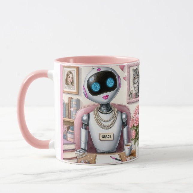 Mug Grâce le Robot – Étincelle et Syntaxe à Son Bureau (Gauche)