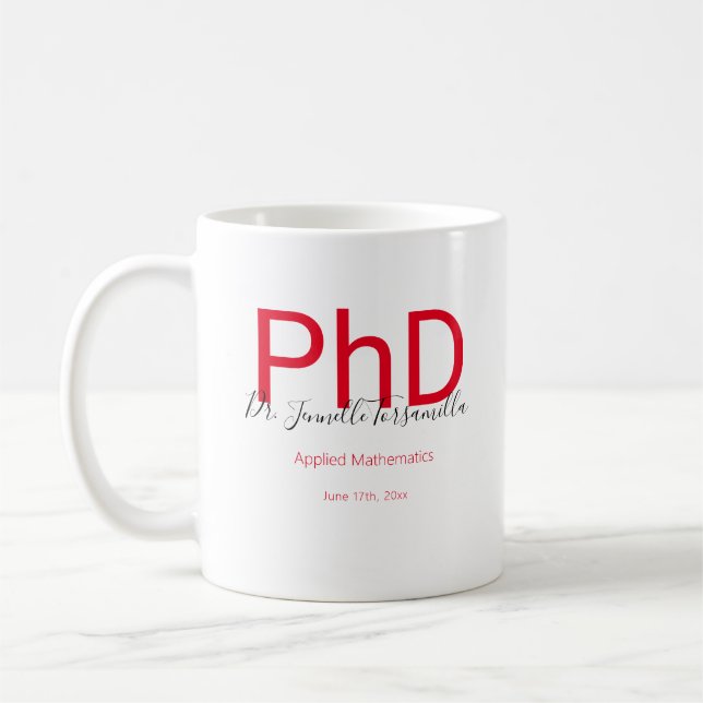 Mug Graduate Keepsaké Noir Nom rouge PhD Diplôme (Gauche)