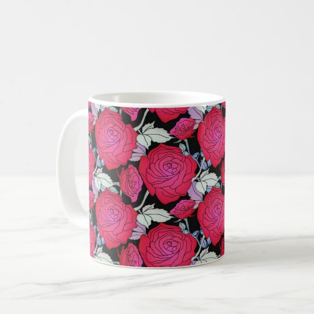 Mug Grand Bold Arrière - plan de fleurs de roses rouge (Devant gauche)