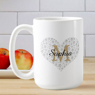 Mug Grand Coeur Diamant, Monogramme Or, Nom Du Script