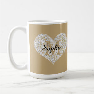 Mug Grand Cœur Diamant, Monogramme Or, Nom en Script