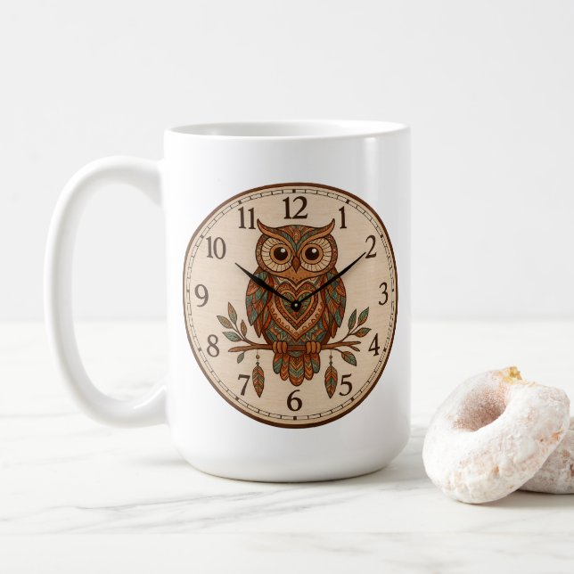 Mug Grand Horloge Murale Chouette Boho (Avec donut)