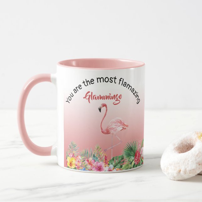 Mug Grand-mère Glamingo Flamant rose Nom tropical rose (Avec donut)