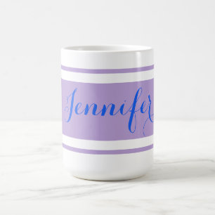 Mug Grand nom en écriture bleue, rayures lavande sur f
