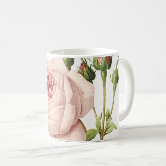 Mug grand rose à feuilles de chou par Redouté (Devant droit)