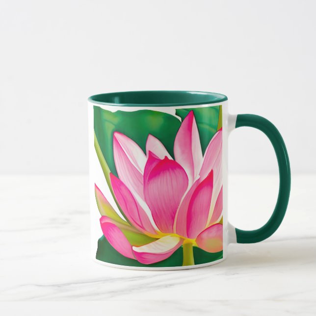 Mug Grande Lit d'eau rose avec Feuilles vert émeraude (Droite)