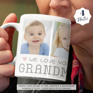 Mug Grandma 4 Photos Coeurs roses Gris