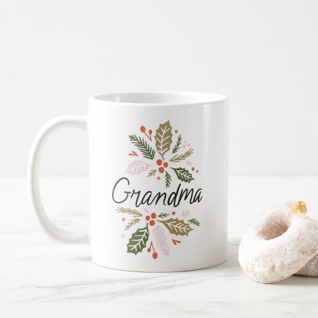 Mug Grandma brillante Holly Noël noir Script (Avec donut)