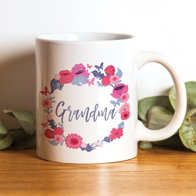 Mug Grandma Brush Script Floral Papillon rose Wreath (Créateur téléchargé)