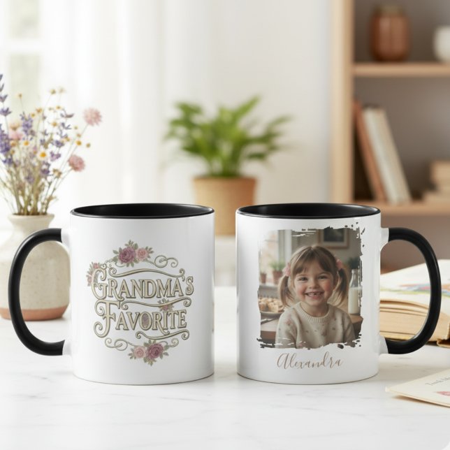 Mug Grandma's Favorite Floral Typography Photo (Personalized Grandma photo mug)