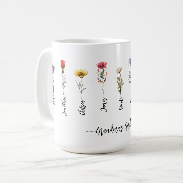Mug Grandma's Garden Custom 9 Noms Script Fleur sauvag (Devant gauche)